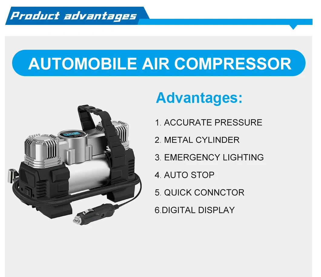 Portable Single Cylinder Car Air Compressor Tire Inflator Digital Display DC12V 100W